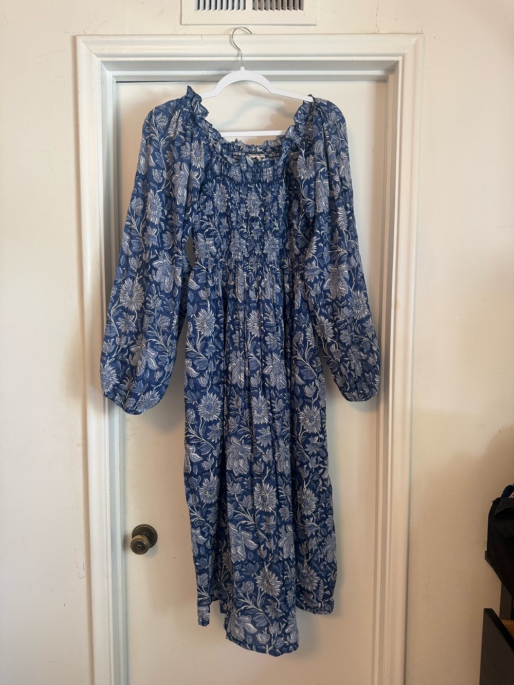 Blue Floral Smocked Bodice Long-Sleeve Midi Dress